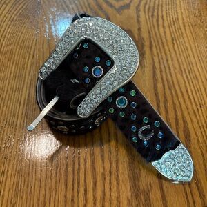 Women’s cowboy belt, black hair on hide with blue embellishments